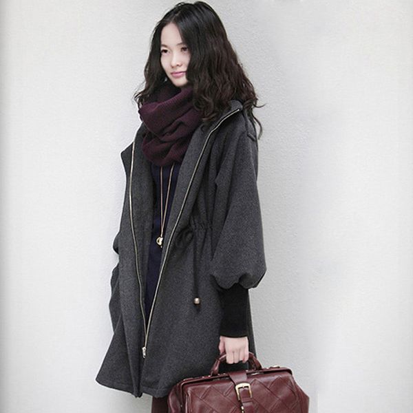 

women's woolen coat women's korean version large size loose casual woolen windbreaker autumn winter cashmere coat ladies a548, Black