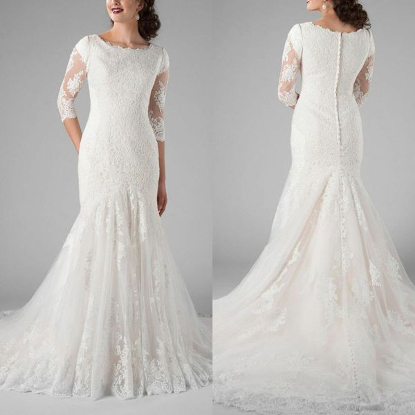 

modest 3/4 long sleeve 2019 mermaid wedding dresses gorgeous full lace appliqued bridal gowns jewel neck garden church wedding dress, White