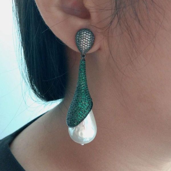 

women's white sea shell pearl green cz pave gunmetal earrings, Golden
