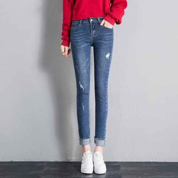 

women's jeans nonis women soft classic ripped skinny all match girl slim korea style denim pants boyfriend 2021 femme pantalon, Blue