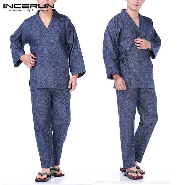 

incerun men pajamas set japanese kimono set long sleeve leisure sleepwear pants vintage men homewear suit bath wear plus size, Black;brown
