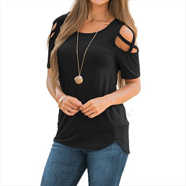 

women's casual t-shirt solid color hole shoulder straps t duan xiu shoulder strap dress shoulder-exposed women's dress, White
