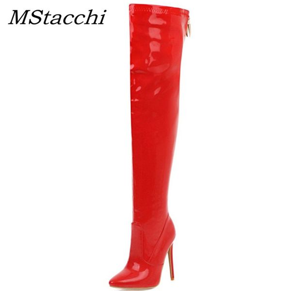 

mstacchi fashion women patent leather long boots women red zipper over the knee boots ladies pointed toe high heels shoes, Black