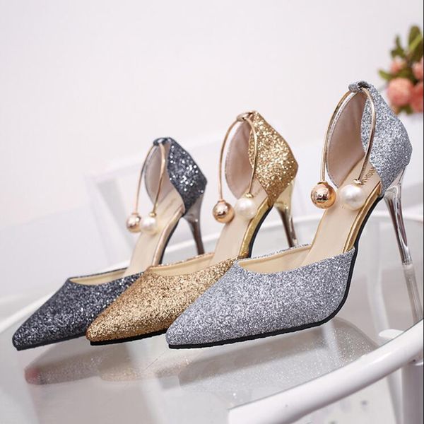 

high heel shoes women shoes woman fashion sequins spring 2020 new pearl pointed high heels silver middle heel fine gold d53, Black