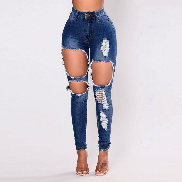 

2019 fashion ladies bravo wonderful jeans denim hole female high waist stretch slim pencil pants spring summer, Blue