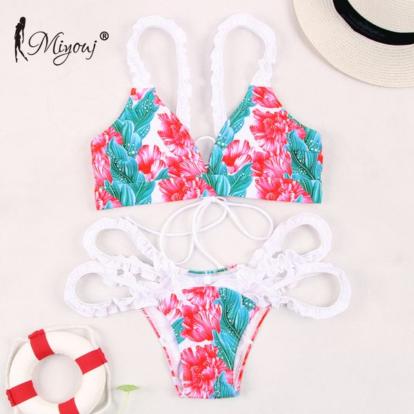 

miyouj flower ruffle bikini v-neck swimsuit print bathing suit women swimwear hollow out biquini 2019 cross bandage bikini set