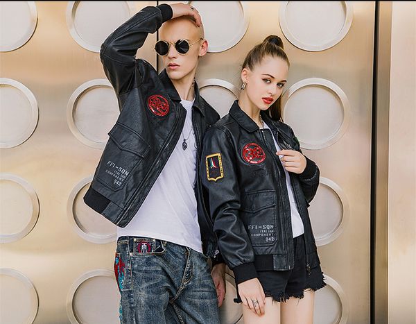 

thickened in autumn and winter, fine embroidered lapel pu leather coat, fashionable boy's sequin decoration trend, slim motorcyc, Black