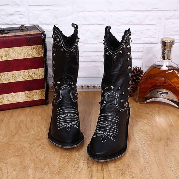 

men's boots western cowboy zipper pure black new europe and america rivet embossed short martin boots men's boots