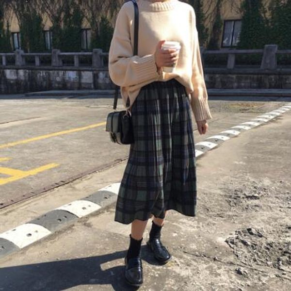 

2020 new fashion autumn winter preppy harajuku vintage pleated plaid skirt loose quality female long skirt dv55, Black