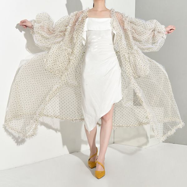 

eam] 2020 new spring autumn v-collar long sleeve beige dot printed mesh long big size windbreaker women trench fashion we92, Tan;black