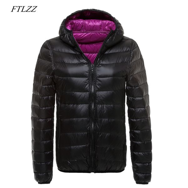 

ftlzz women plus size 4xl ultra light down jacket double side reversible jackets coat female slim warm duck down parkas, Black