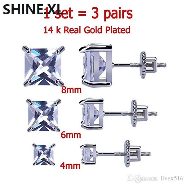 

3 pairs set 4-8 mm 14k gold plated hip hop jewelry cz square iced out stud earrings with safety screw back flat, Golden;silver