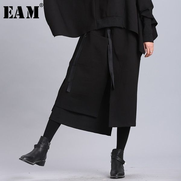 

skirts [eam] 2021 spring summer high elastic waist black ribbon split joint loose half-body skirt women fashion tide jl2330