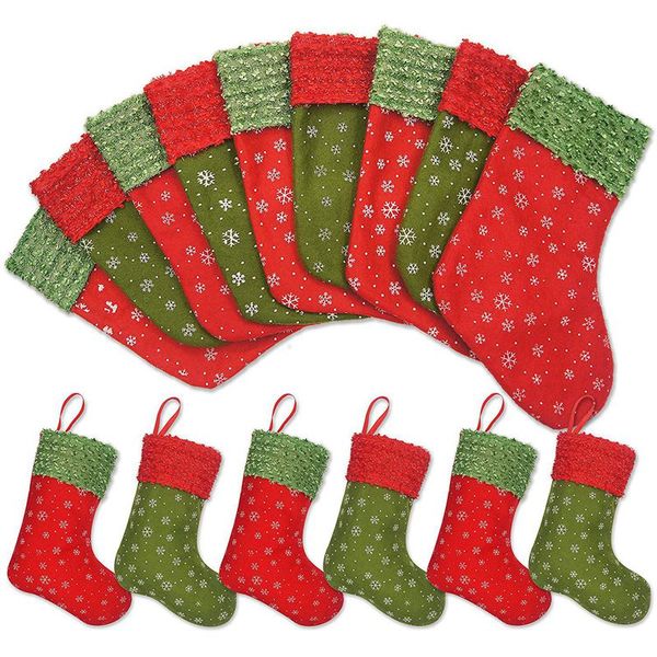 

12 packs of 9 inch snowflake mini christmas stockings gift card holder, small rustic red green christmas tree decoration set