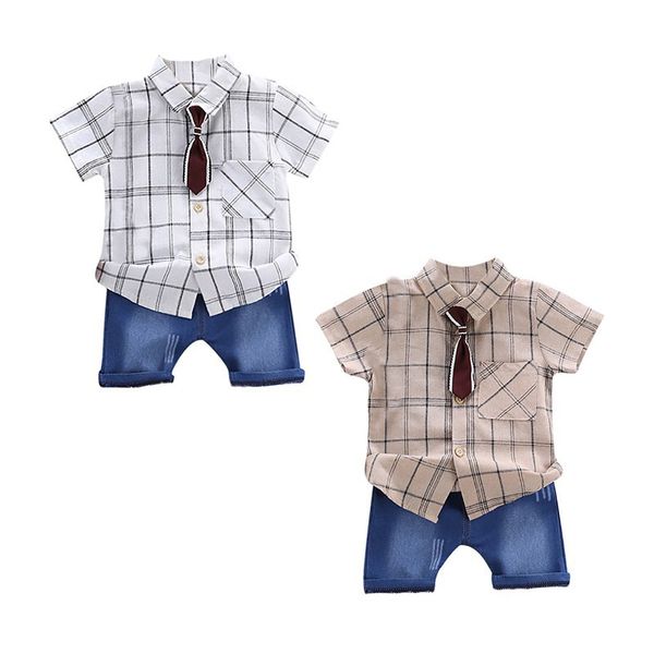 

2pcs/set summer baby boy adorable plaid print short sleeve shirt with tie+denim shorts casual outfits clothes, White