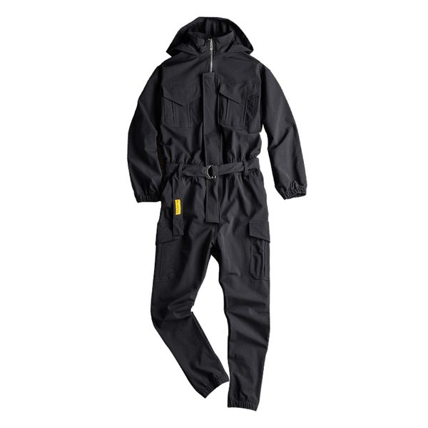 

men's pants fashion hip hop one piece cargo jumpsuit long sleeve streetwear man joggers bib overalls sashes pockets work rompers, Black