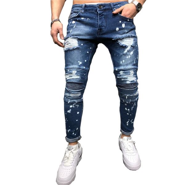 

new hip hop men splashing ink slim knee pleated ripped skinny biker jeans fashion distressed motorcycle denim joggers pants, Blue