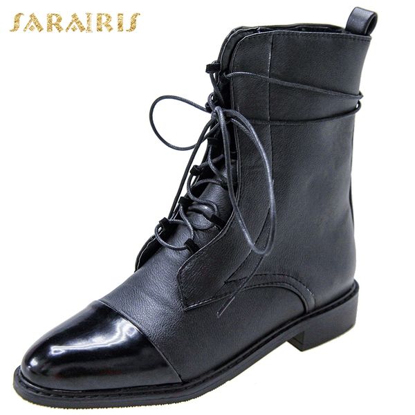 

sarairis plus size 33-46 new fashion chunky heels ankle boots woman shoes lace up concise shoes women boots lady footwear, Black