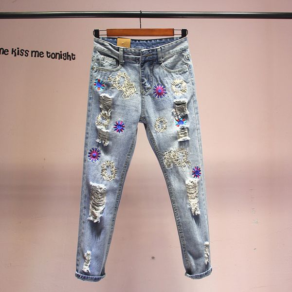 

2019 spring summer new jeans women heavy embroidery loose harlan pants girls ladies holes jeans women's basic denim pants, Blue