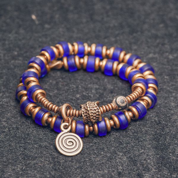 

green blue handmade glaze beads mixed bracelet hammered copper charm dzi bead chakra healing protective boho nepal unisex, Black