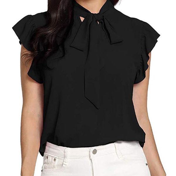 

2019 summer women short sleeve bow blouse female womens short sleeve chiffon shirt blusas casual summer elegant office tee top, White