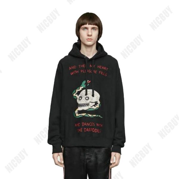 

fashion autumn high designer mens brand clothing hoodies embroidery letter snake skull dances pullover hooded cotton casual sweatshirt, Black