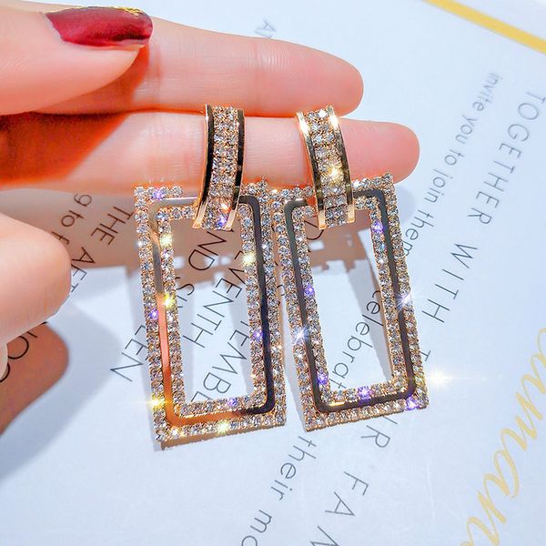 

korean fashion exaggerated glitter crystal long earrings geometric hollow square trend pendant earrings ladies party jewelry, Silver