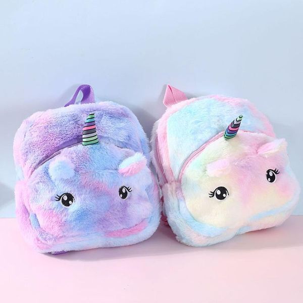 

girl soft unicorn fur backpack children winter zipper schoolbag cute kid mini rainbow fur plush bag for travel toy doll backpack