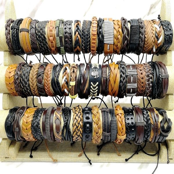 Handmade retro couro pulseira lotes 50 pçs / lote charme charme braceletes misturar estilos de metal bom presente feito de puro vaca cabeleira feminina mulheres jóias presentes