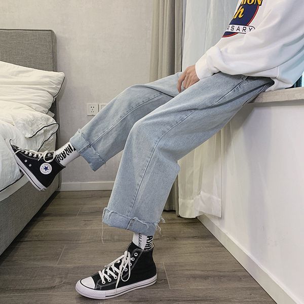 

hong kong style 2020 fashion casual jeans men korean straight straight loose trendy wild wide leg nine points casual harem pants, Blue
