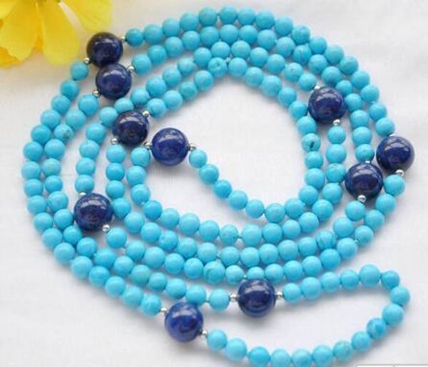 

necklace ++ +6mm round blue turquoise 12mm lapis lazuli bead necklace 50inch, Silver