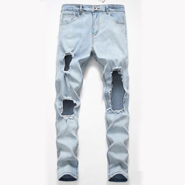

high street stretch personality big hole tide men's jeans wear white beggar jeans fashion men's clothing, Blue