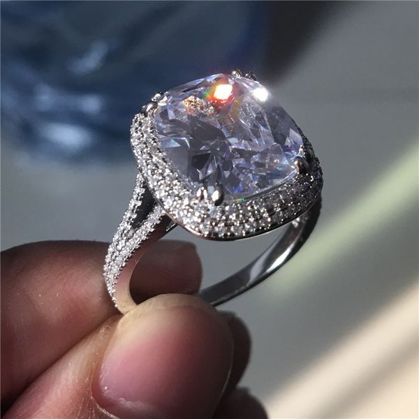 

big cushion cut 8ct diamond ring 925 sterling silver engagement wedding band ring for women men finger jewelry gift, Slivery;golden