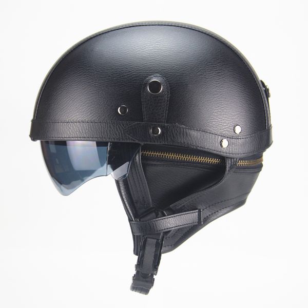 

motorcycle motorbike rider half open face pu leather helmet with dual lens dot