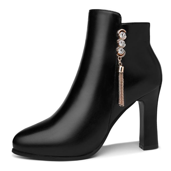 

2020 new designer casual fashion round head thick heel women's boots side zipper solid color artificial diamond waterproof platform fem, Black