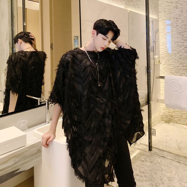 

men bat short sleeve oversize loose feather t shirt male streetwear punk gothic party nigth club tshirt lovers long tees shirts, White;black