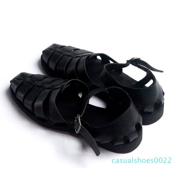 

italian classic mens summer gladiator beach sandals ankle buckle weave hollow out cow real leather shoes large size casual shoes c22, Black