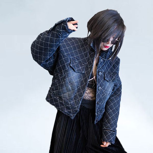 

2019 autumn winter coat women clothing new diamond lattice cotton denim jacket women loose warm cotton jacket chaqueta mujer, Black;brown