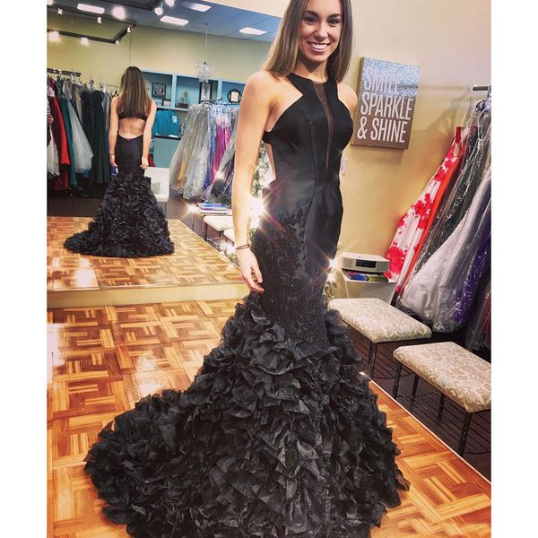 

2018 New Stunning Black Long Prom Dresses Beaded Appliqued Cascading Ruffled Mermaid Court Train Backless Formal Party Dresses Evening Gowns