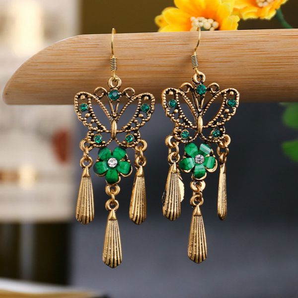 

bohemia vintage butterfly dangle earrings women 2020 antique bronze metal hollow acrylic resin flowers water drop tassel earring, Silver