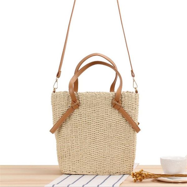 

2020 women handmade straw shoulder bags casual travel bucket bags holiday beach with leather belt drop shipping mn1701