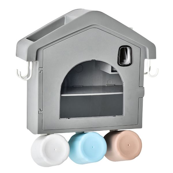 

house shape wall punch-toothbrush holder rack automatic toothpaste dispenser with 3 brushing cups toiletries organizer