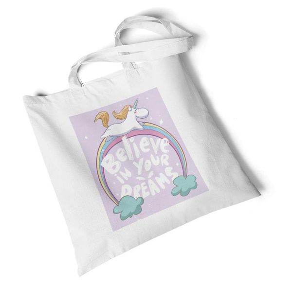 

lychee girls cartoon unicorn print women canvas bag simple shoulder bag classic tote large capacity shopping handbag