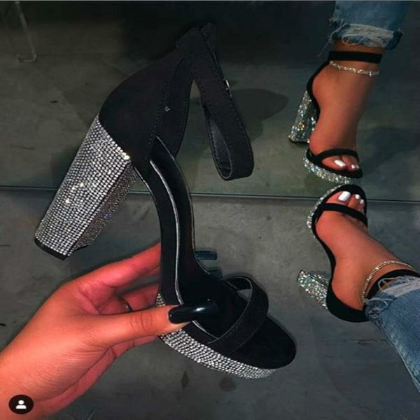 

hkxn 2020 new women fashion platform sandals rhinestone crystal chunky high heels one band open toe sandals women shoes t, Black