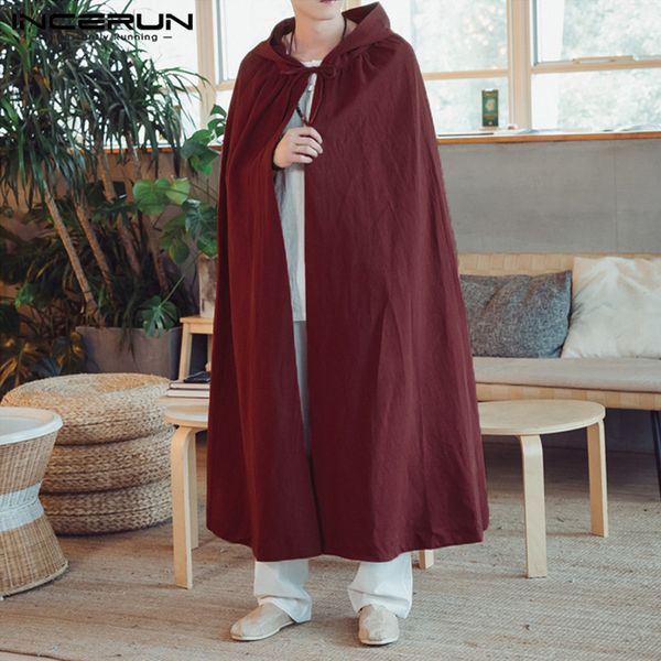 

incerun chinese style men cloak solid color hooded men cape coat vintage loose streetwear cotton windbreaker long outerwear 2019, Tan;black