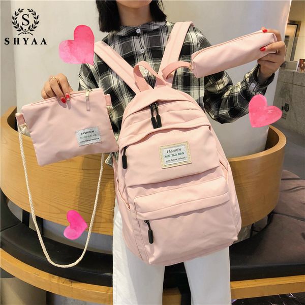 

shyaa fashion backpack women backpack 3 pcs set students shoulder bags bagpack candy colour junior high school bags