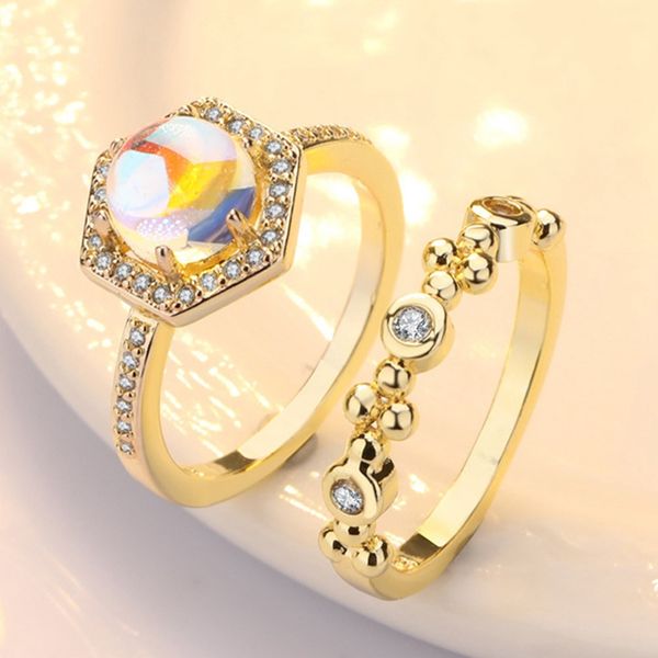

2pcs/set new fashion moonstone ring gold/rose gold color crystal ring stylish engagement jewelry wholesale, Slivery;golden