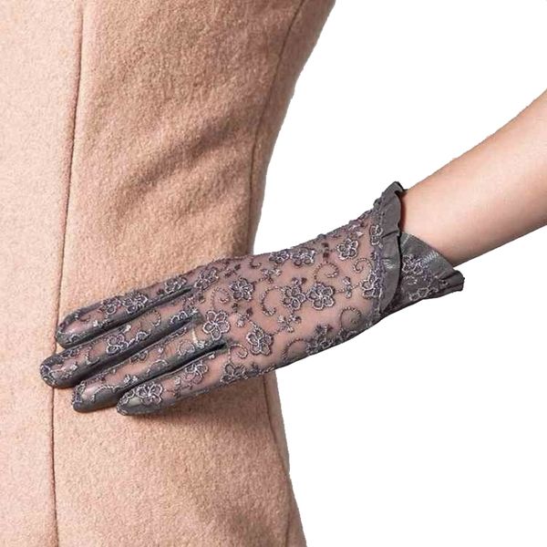 

2019 summer touch-screen women genuine leather gloves ladies elegant lace sun gloves female black driving anti-uv  m l, Blue;gray