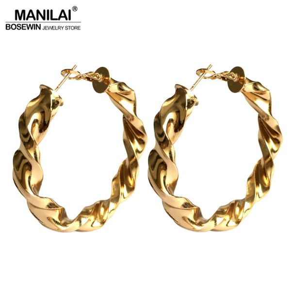 

manilai 50mm punk alloy hoop earrings for women twist thick metal boho statement earrings big fashion jewelry wholesale, Golden;silver