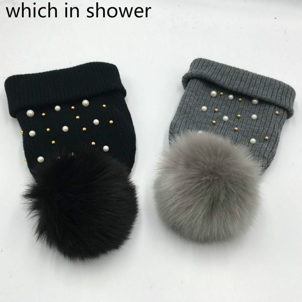 

which in shower artificial fur pom pom winter women girl hat fashion pearl knitted female winter beanie cap outdoor bonnet